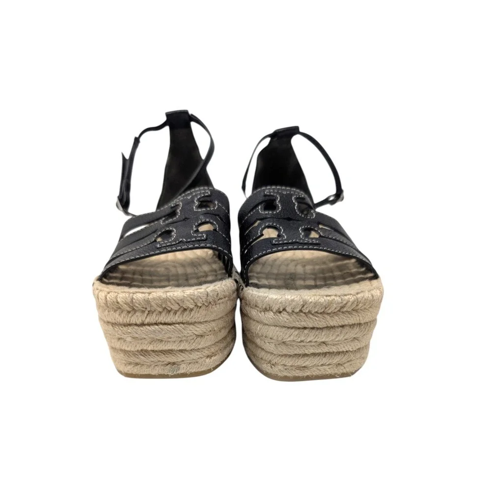 Tory Burch Ines Espadrille Wedge Sandals Black Leather Logo Size 8